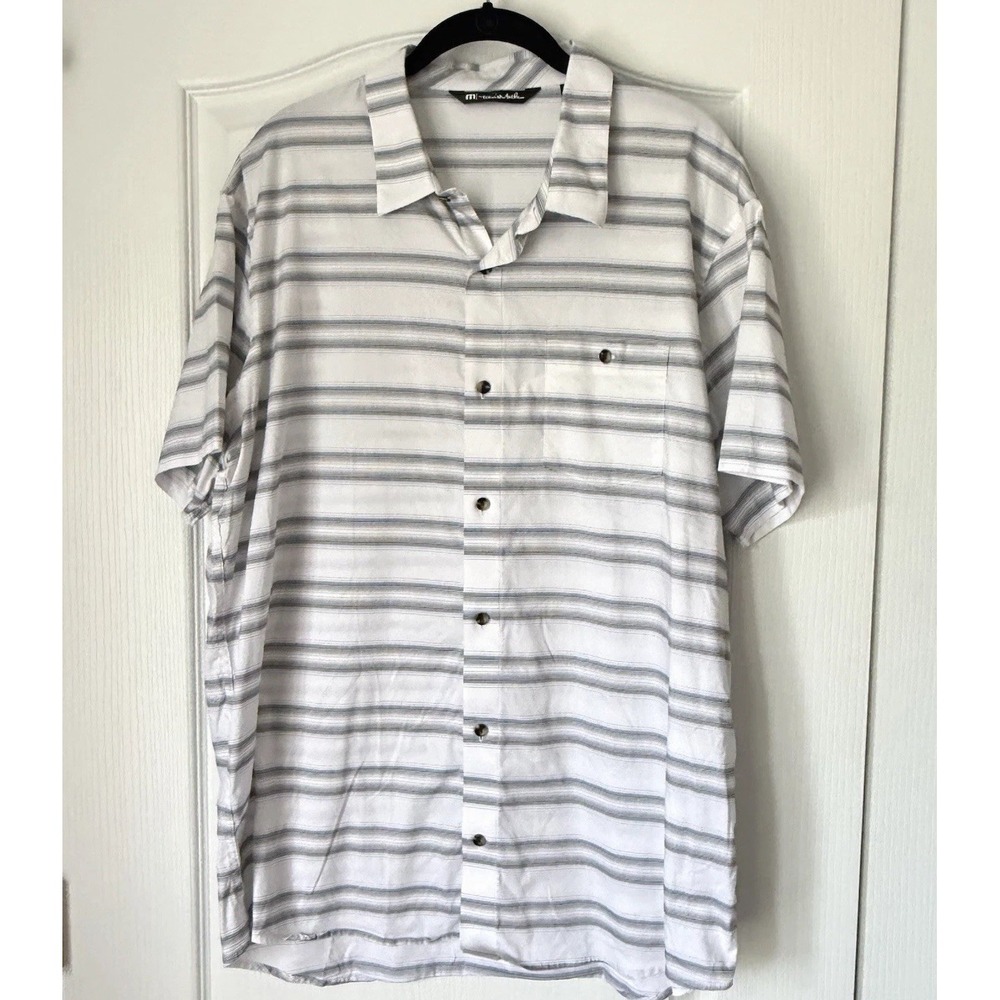 Travis Mathew XL Short Sleeve Gray & White Horizontal Striped Stretch Shirt  EUC